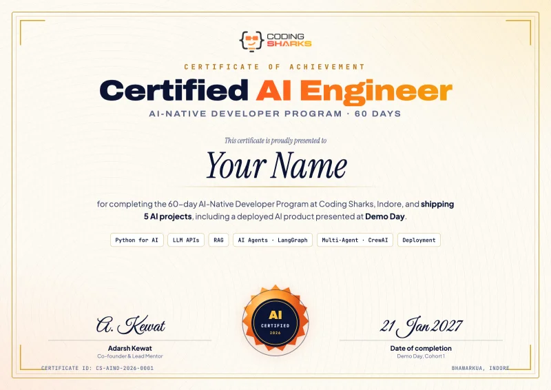 Sample Coding Sharks Certified AI Engineer certificate for the AI-Native Developer Program, listing Python for AI, LLM APIs, RAG, AI agents, multi-agent systems and deployment