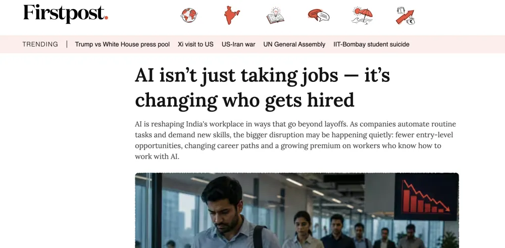 Firstpost: AI isn't just taking jobs, it's changing who gets hired. Fewer entry-level opportunities and a growing premium on workers who know how to work with AI.